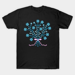 Winter blue flower bouquet with long pink ribbon, version five T-Shirt